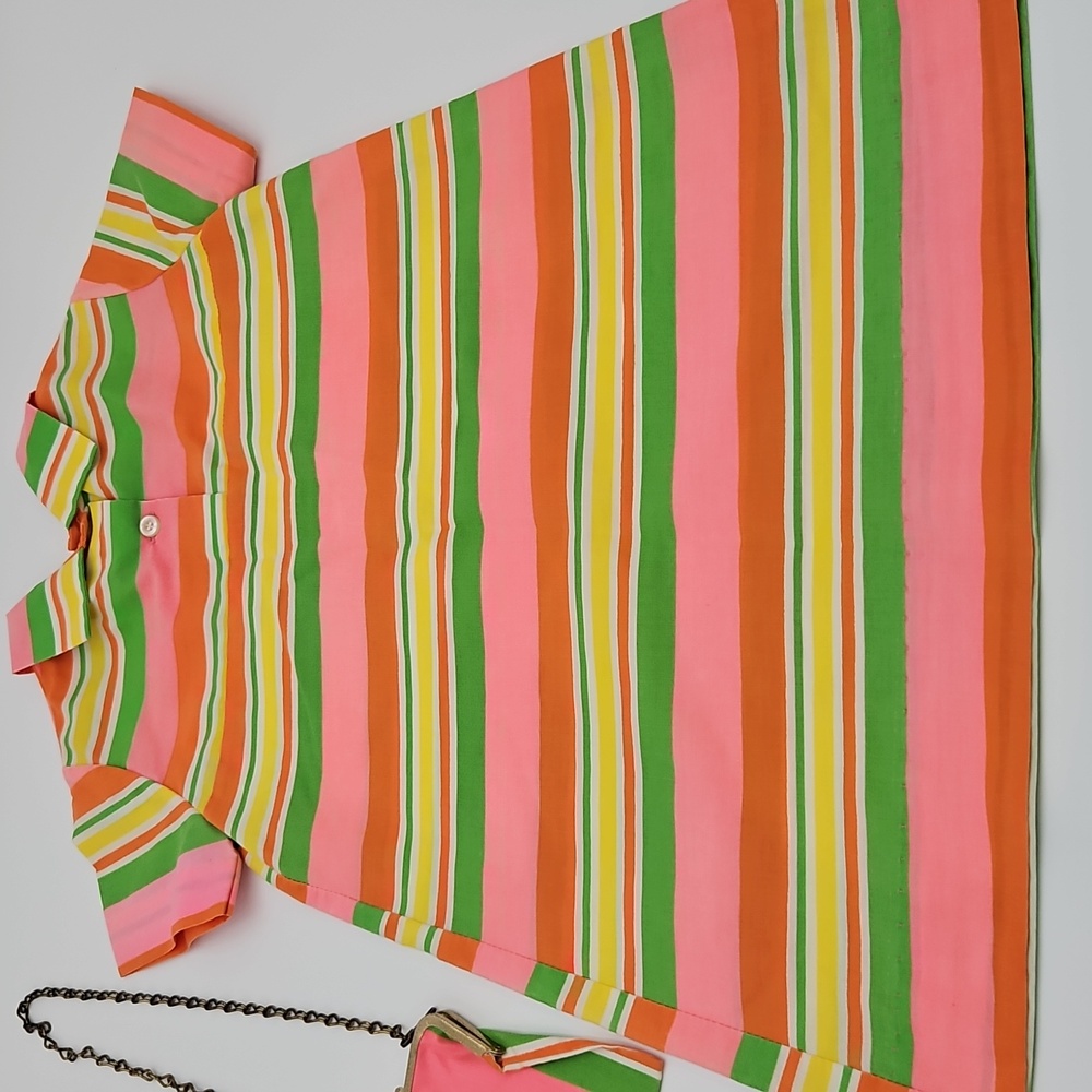 Little Miss Pink Orange Dress with Stripes Kids Girl Purse Chain Vintage 60s 70s - Picture 8 of 9